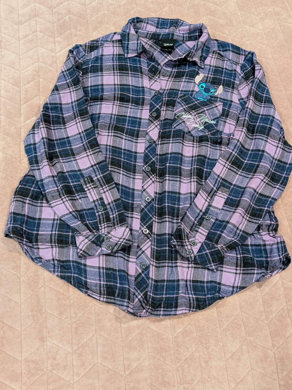 Women's Super Soft Purple & Black Plaid Button-Up Shirt by Disney, Size 1